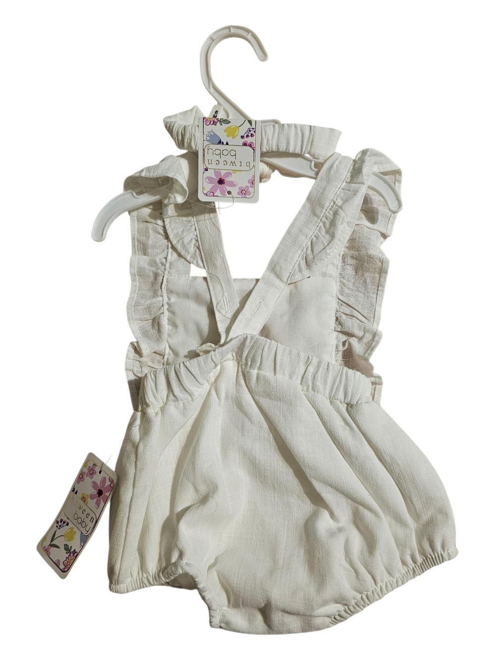 Embroidered Cream Floral Baby Rompet with Ruffle Straps - Picture 2 of 2